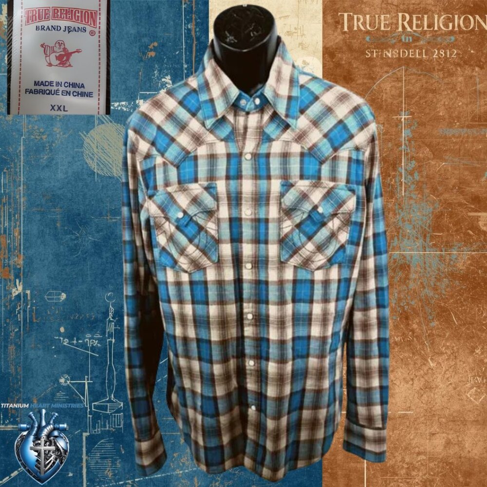 True Religion XXL Plaid Flannel Western Shirt Blue Brown Cotton Pearl Snap EUC